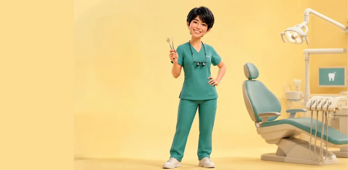 A dentist in green scrubs standing beside a dental chair in a warm yellow operatory, holding a mouth mirror.