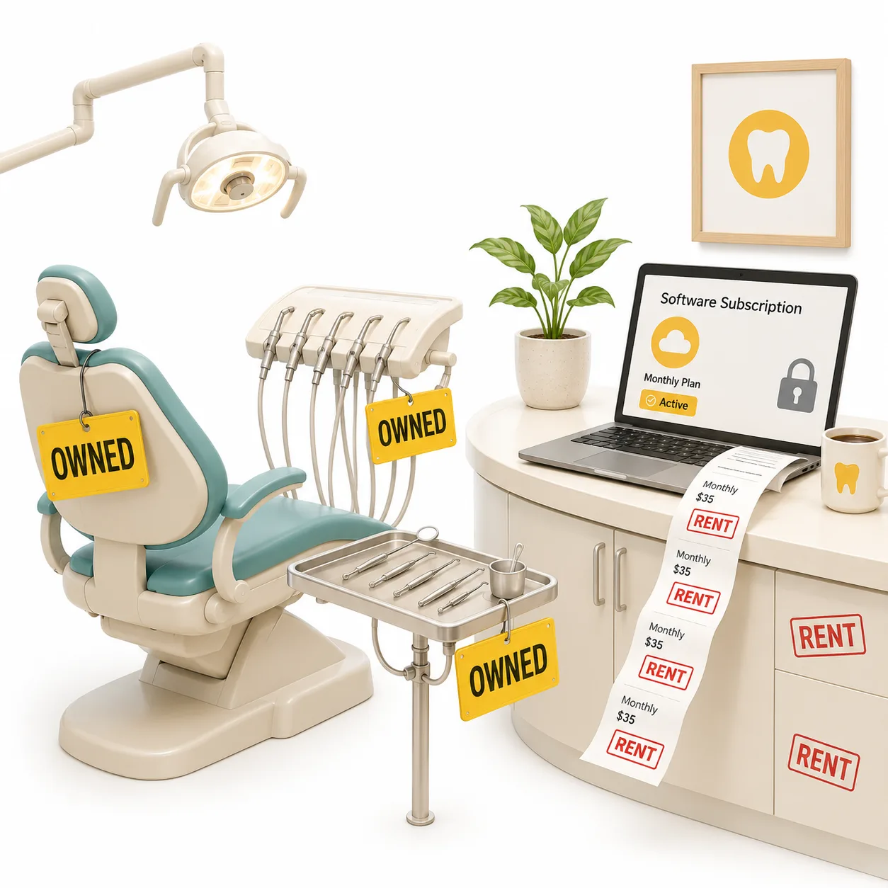 A dental operatory where the chair and instruments are tagged 'Owned', but the laptop runs a monthly software subscription marked 'Rent', printing an endless receipt of monthly charges.